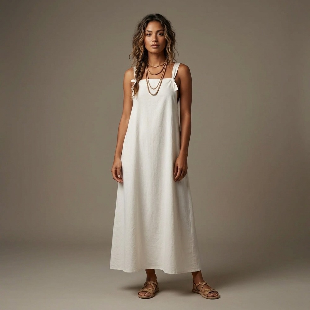 FILOSOFIA Bohemian Cream Sz M Cotton Maxi Dress Womens Flowy Tie Shoulder